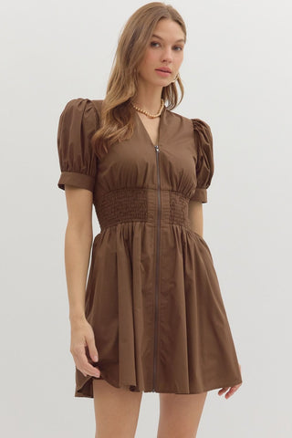 Smocked & Zipped Dress - Brown