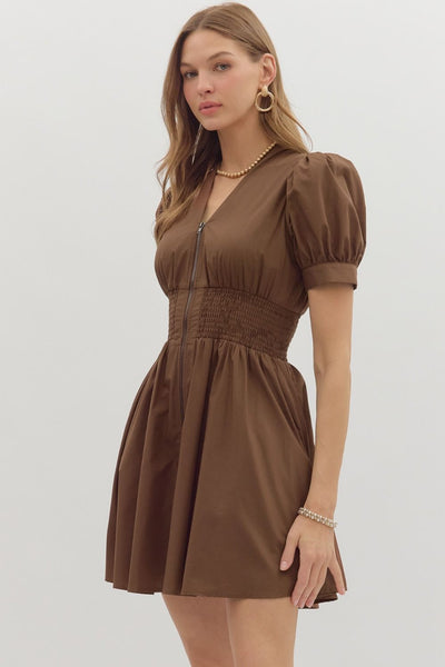 Smocked & Zipped Dress - Brown