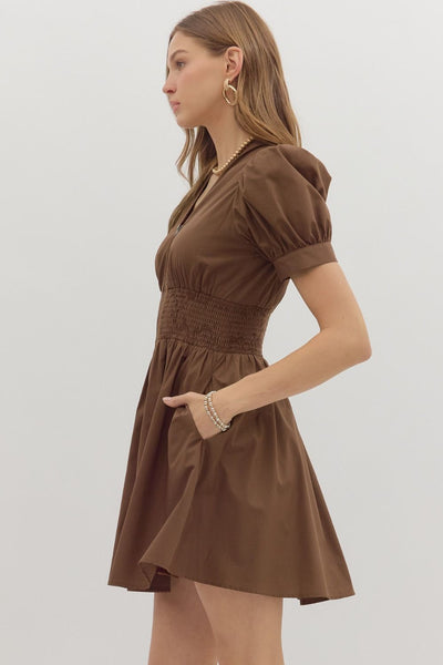 Smocked & Zipped Dress - Brown