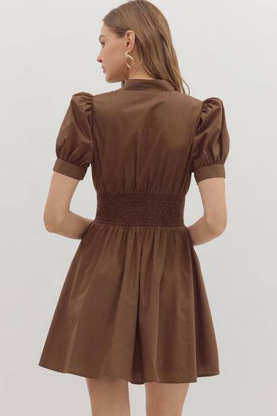 Smocked & Zipped Dress - Brown