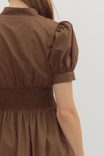 Smocked & Zipped Dress - Brown
