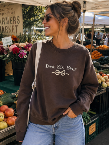 Best Sis Embroidered Bow Sweatshirt - Dark Chocolate