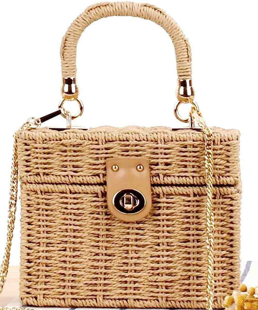 Woven handbag with a gold handle and clasp on a white background