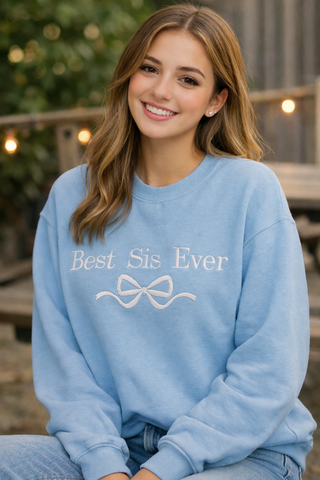 Best Sis Embroidered Bow Sweatshirt- L.Blue