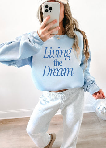 Person wearing a light blue sweatshirt with 'Living the Dream' text, taking a mirror selfie.