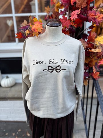 Best Sis Embroidered Bow Sweatshirt - Sand