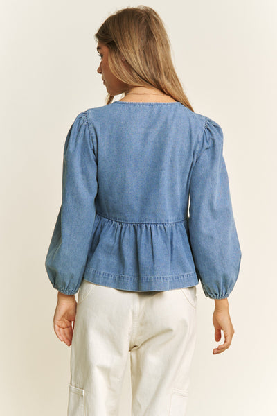 Betty Long Sleeve Bow Top - Denim