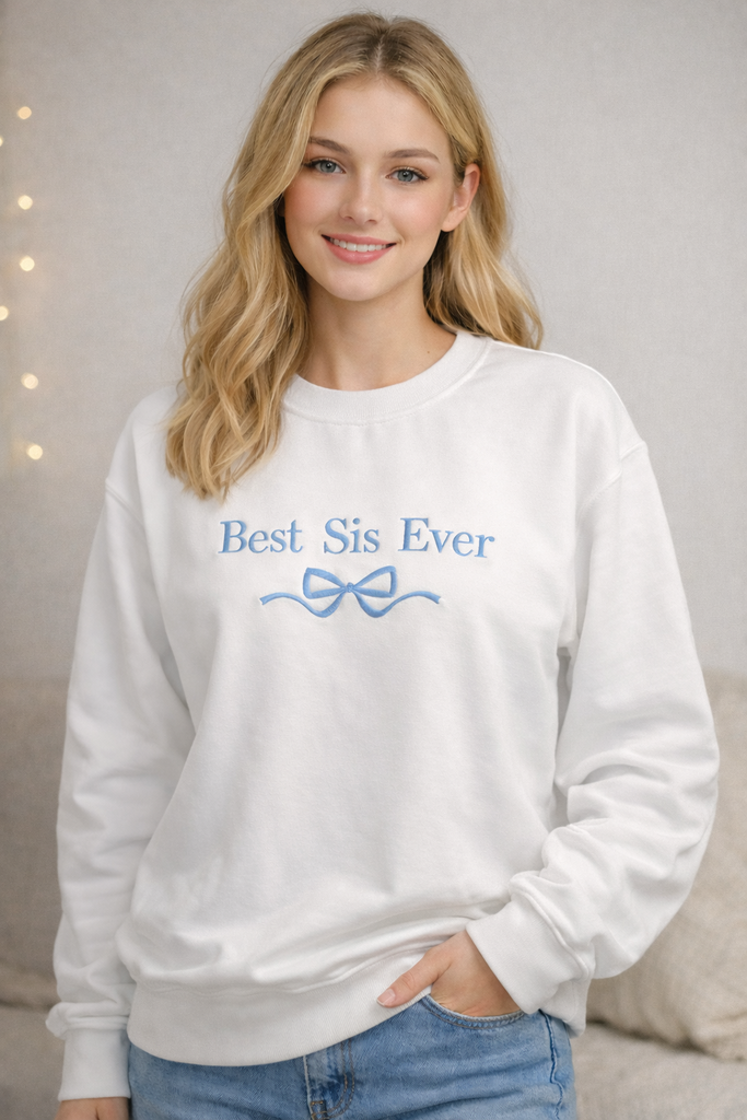 Best Sis Embroidered Bow Sweatshirt-White