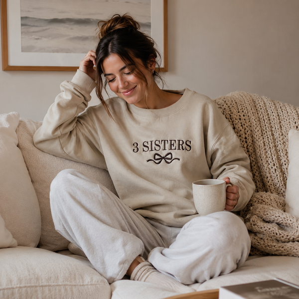 3 Sisters Embroidered Bow Sweatshirt-Sand