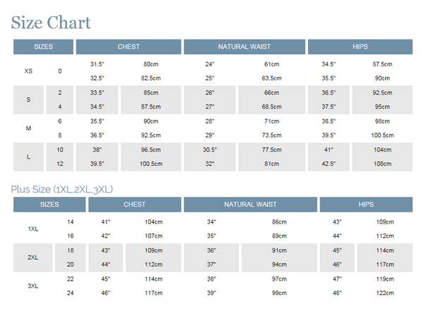 Size chart for clothing measurements including chest, natural waist, and hips.