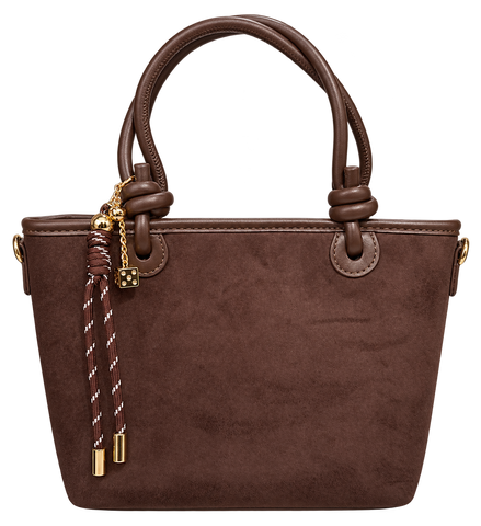 Chocolate brown structured tote bag with rounded double handles, gold-tone hardware, and a decorative braided tassel charm, shown against a white background.
