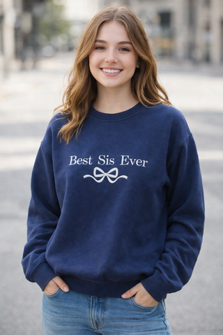 Best Sis Embroidered Bow Sweatshirt- Navy
