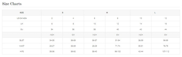 Size chart for clothing with measurements in different units