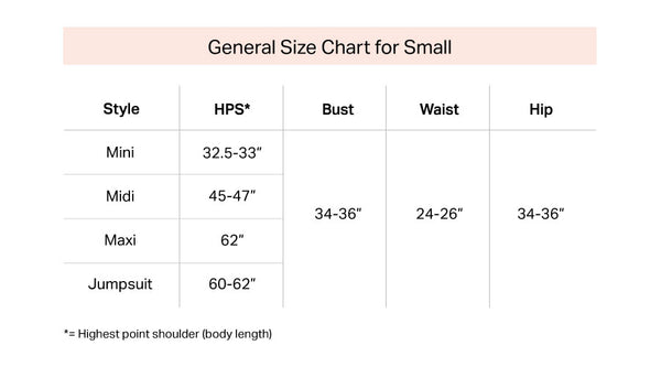 General size chart for small clothing styles on a white background