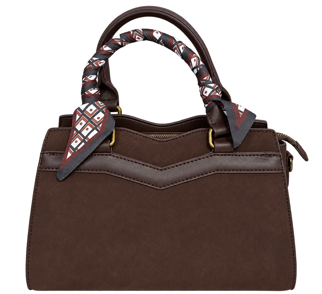 Chocolate brown structured handbag with double handles, gold-tone hardware, decorative patterned scarf-wrapped handle, and a zippered top, shown against a white background.