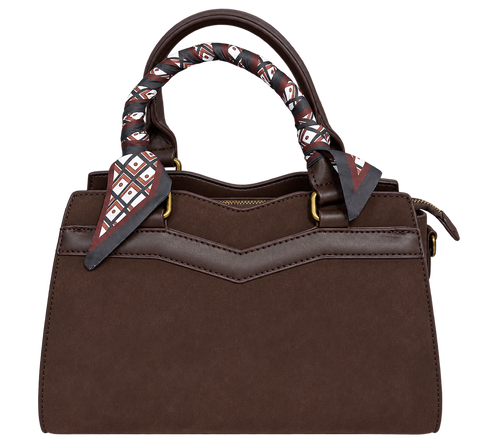 Chocolate brown structured handbag with double handles, gold-tone hardware, decorative patterned scarf-wrapped handle, and a zippered top, shown against a white background.