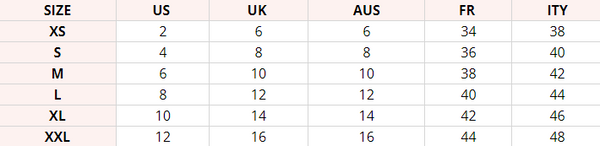Size chart with different country's measurements for various sizes.