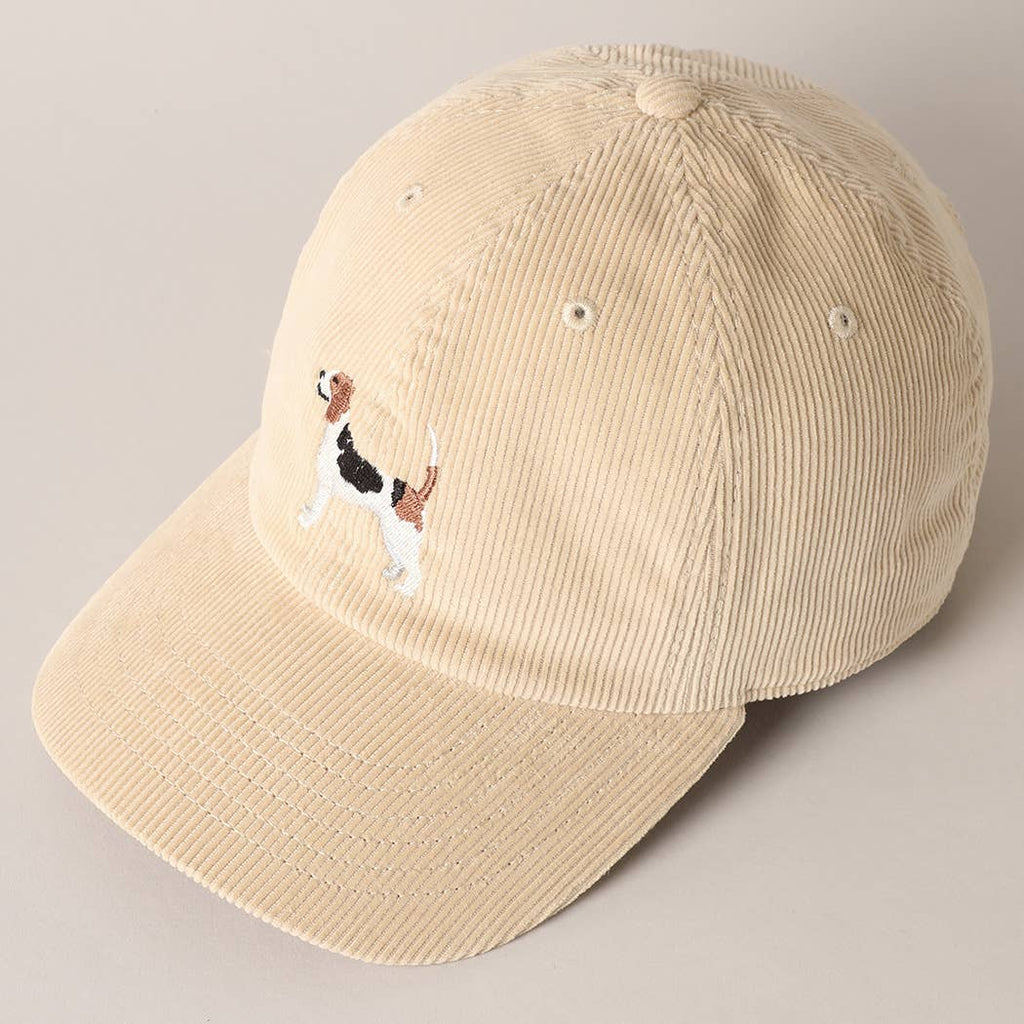 Beige corduroy baseball cap with a beagle embroidery on the front