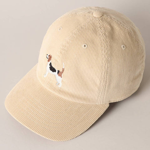 Beige corduroy baseball cap with a beagle embroidery on the front