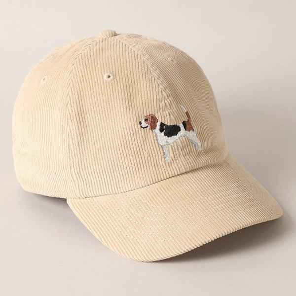 Beagle Dog Embroidered Corduroy Cap - Tan