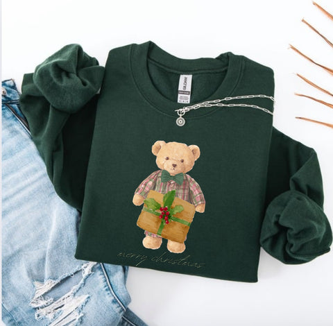 Merry Xmas Teddy Bear Sweatshirt - Forest Green