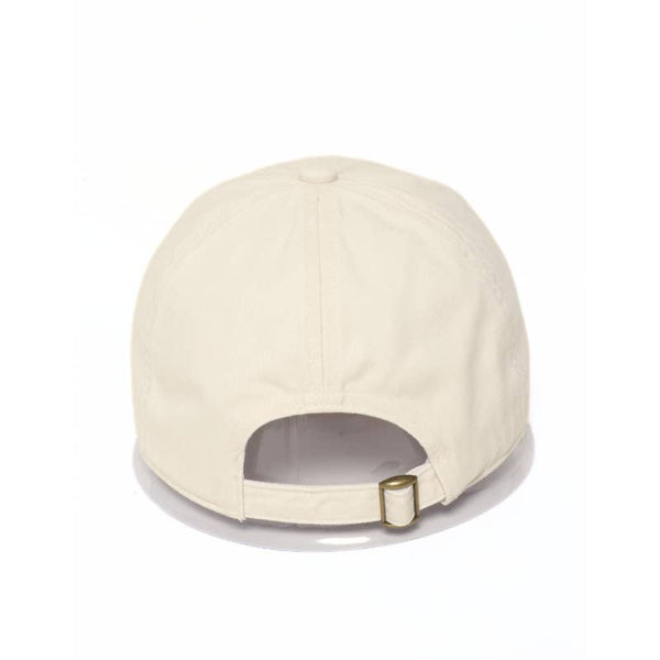 Back of off-white baseball cap featuring a metal adjustable sizer