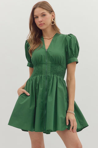 Smocked & Zipped Dress - Hunter Green