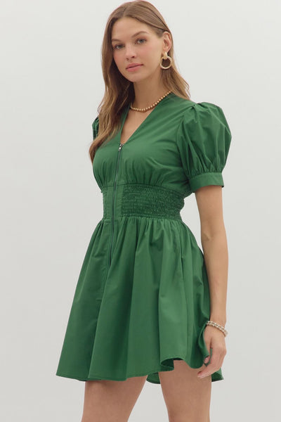 Smocked & Zipped Dress - Hunter Green
