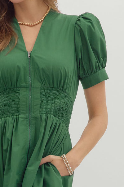 Smocked & Zipped Dress - Hunter Green