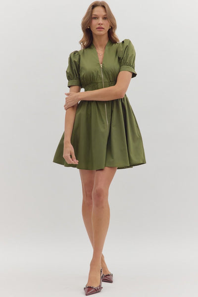 Smocked & Zipped Dress - Olive