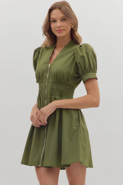 Smocked & Zipped Dress - Olive