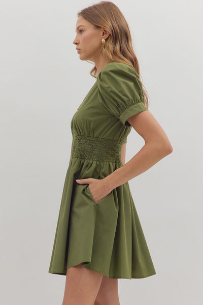 Smocked & Zipped Dress - Olive