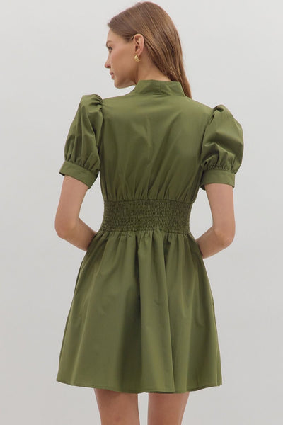 Smocked & Zipped Dress - Olive