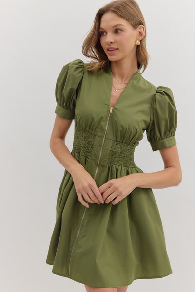 Smocked & Zipped Dress - Olive