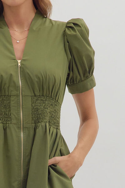 Smocked & Zipped Dress - Olive