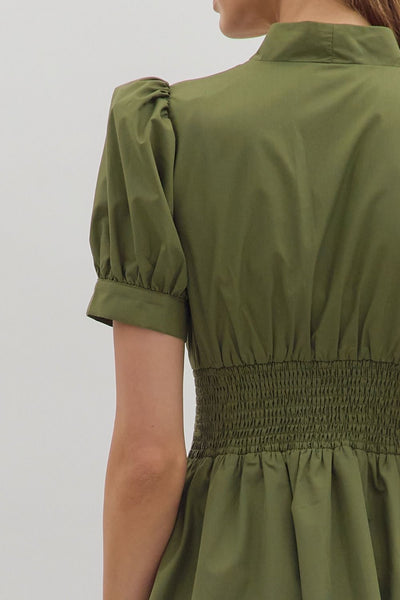 Smocked & Zipped Dress - Olive