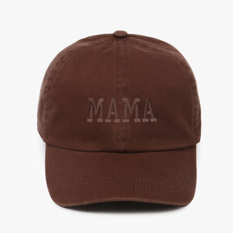 Rich brown baseball cap with 'MAMA' embroidered on the front, against a plain background