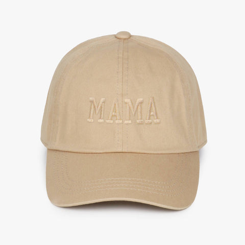 Sandy beige baseball cap with 'MAMA' embroidered on the front, against a plain background