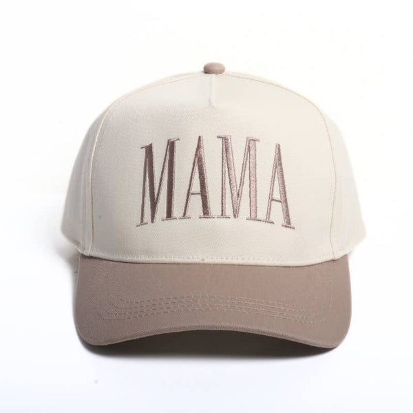 Two-toned baseball cap that is off-white and beige with 'MAMA' text on a plain background