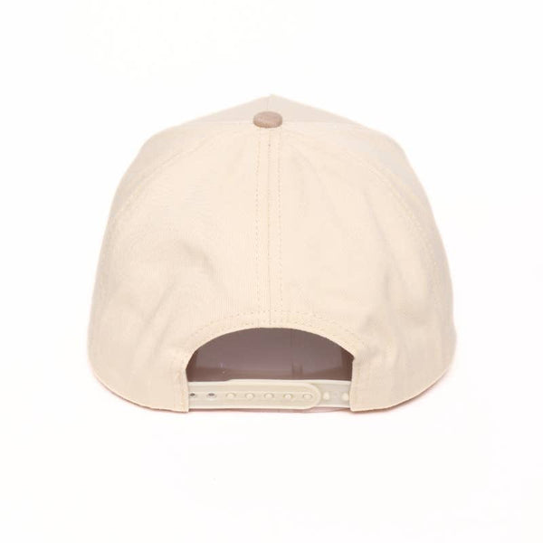 Two-toned baseball cap that is off-white and beige with 'MAMA' text with an adjustable sizer